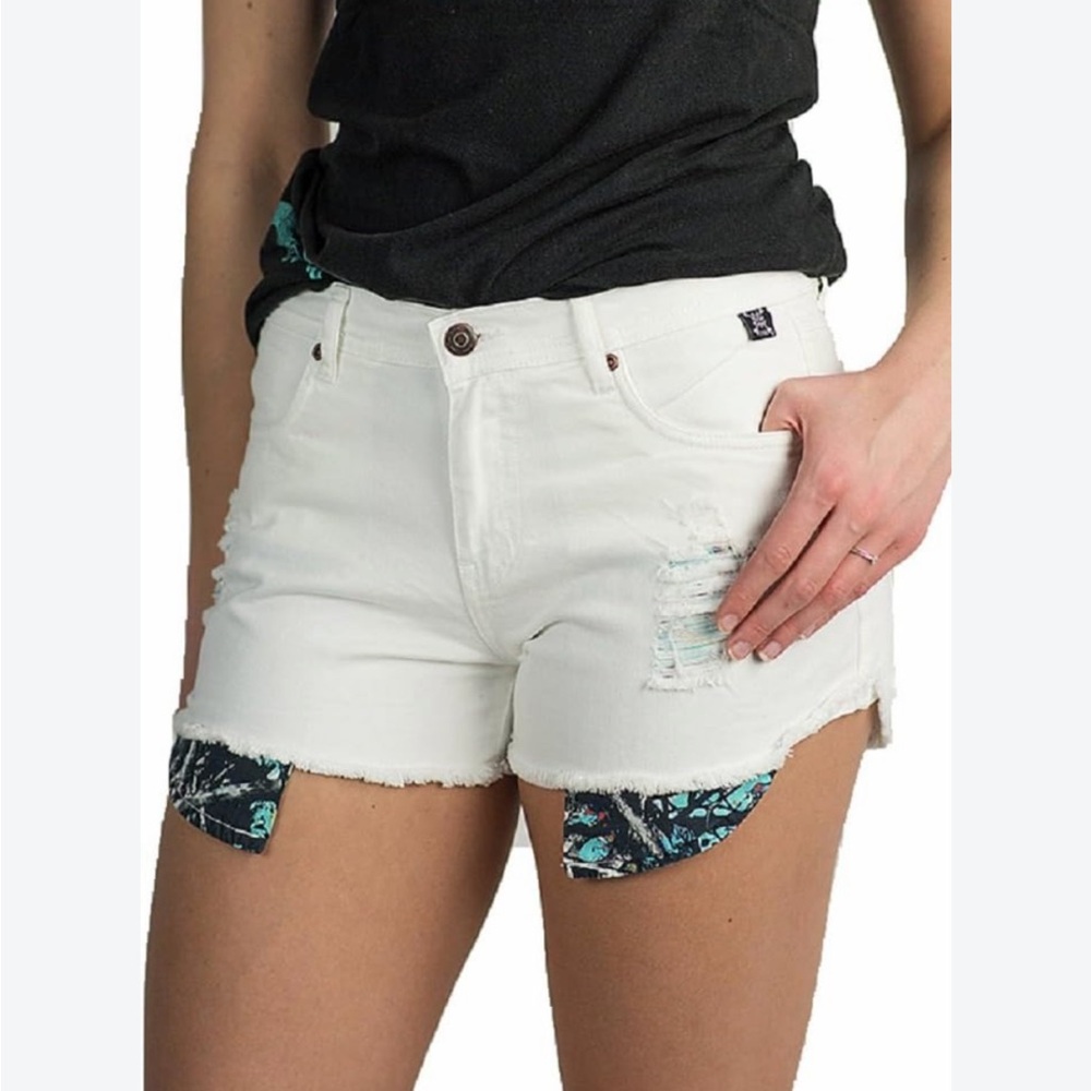 Muddy Girl White Distressed Denim Shorts 8 Western Camo